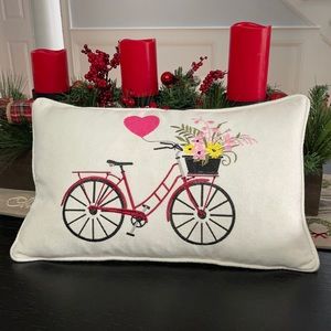 Red Bicycle Throw pillow with Pink Heart Balloon in Balloon Basket